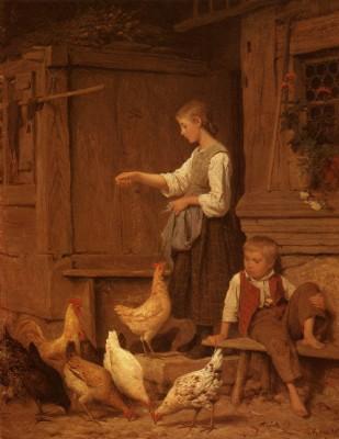 Albert Anker: M&auml;dchen, H&uuml;hner f&uuml;tternd, 1865