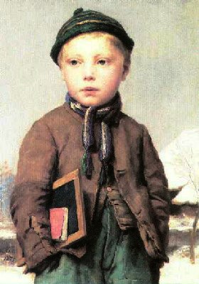 Albert Anker: Schulknabe mit Schiefertafel in Schneelandschaft, 1875