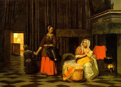 Frau mit Baby und Magd mit Kind, um 1663