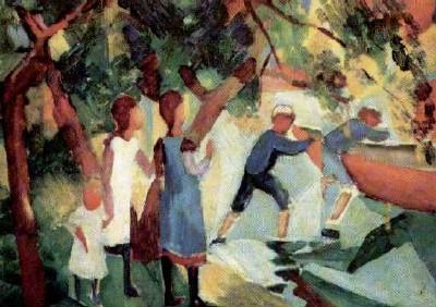 August Macke: Spielende Kinder am Wasser, 1914