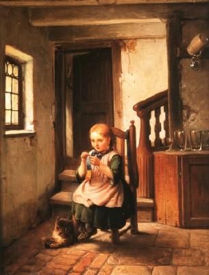 Peter Schwingen: M&auml;dchen und Katze, 1848