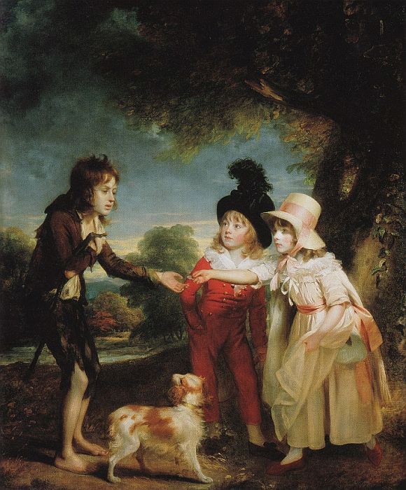 William Beechey; Bildnis der Kinder von Sir Francis Ford, die einem Bettler ein Almosen geben, um 1793