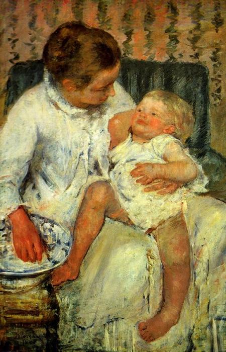 Mary Cassatt: Mutter, die ihr schläfriges Kind wäscht, 1880