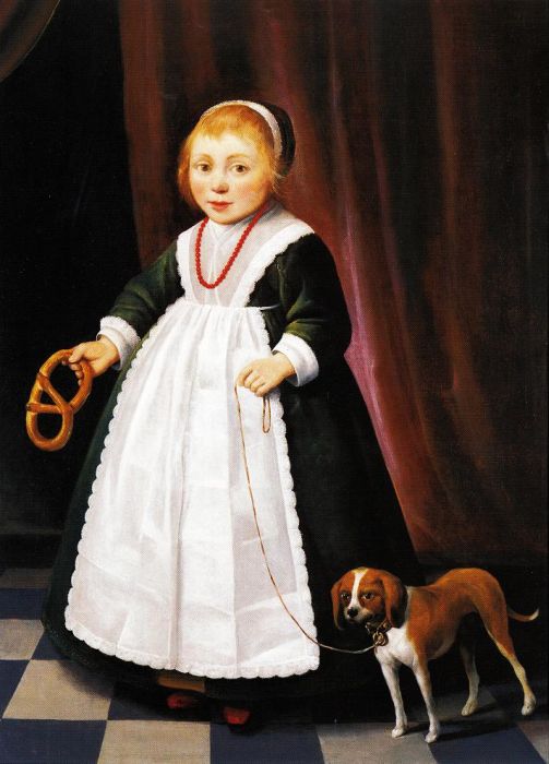 Jacob Gerritsz Cuyp: Portrait eines M&auml;dchens mit einer Brezel und einem Hund an der Leine, 1640/50