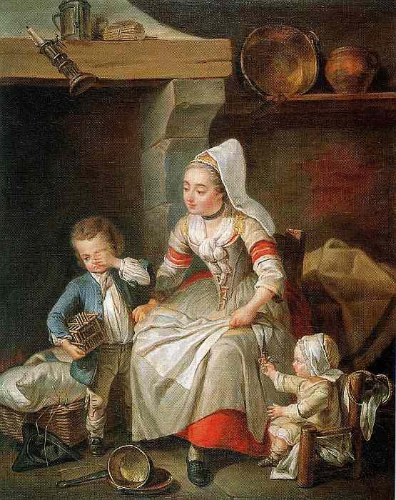 Jean-Baptiste Descamps: Eine Bewohnerin des Pays de Caux in ihrer Küche mit zwei Kindern, 1764