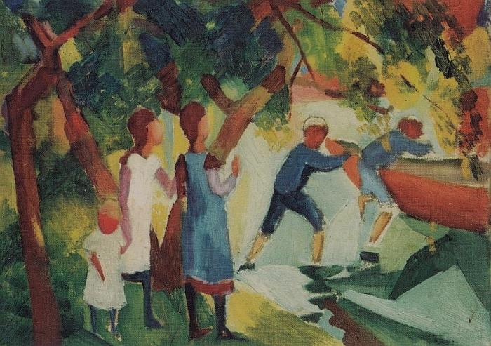 August Macke: Spielende Kinder am Wasser, 1914