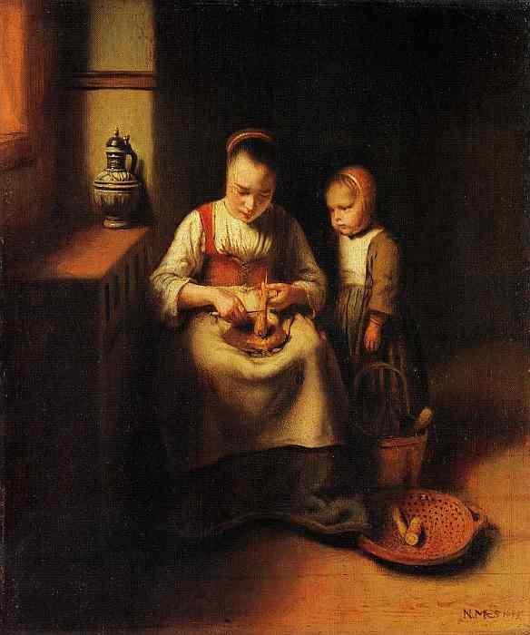 Nicolaes Maes: Pastinaken putzende Frau mit einem Kind, 1655