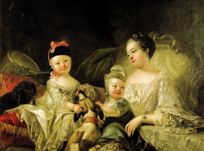 Joseph Melling: Markgr&auml;fin Caroline Luise von Baden mit ihren beiden &auml;ltesten S&ouml;hnen Carl Ludwig und Friedrich, 1757