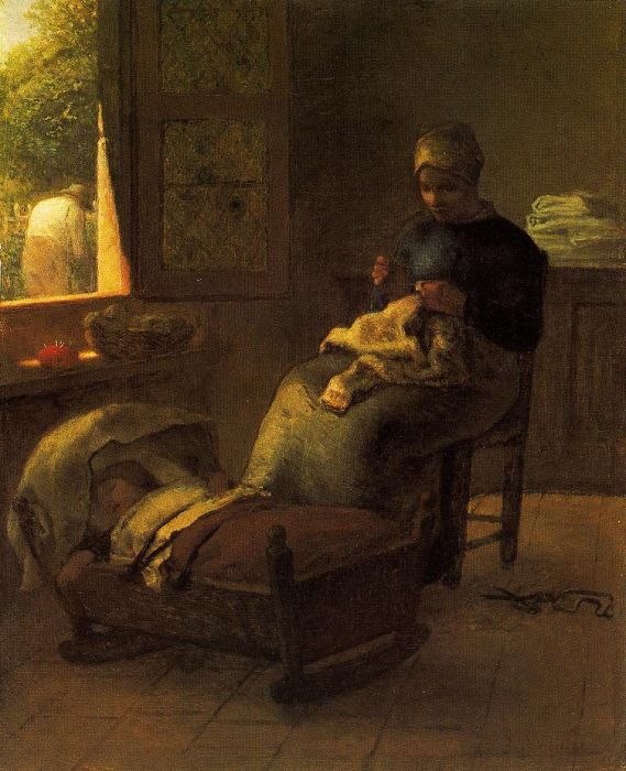 Jean-Fran&ccedil;ois Millet: Strickende Frau bei ihrem schlafenden Kind, um 1855
