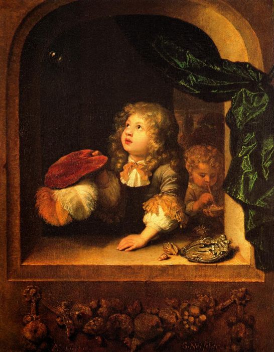 Caspar Netscher: Zwei Knaben beim Seifenblasen, 1670