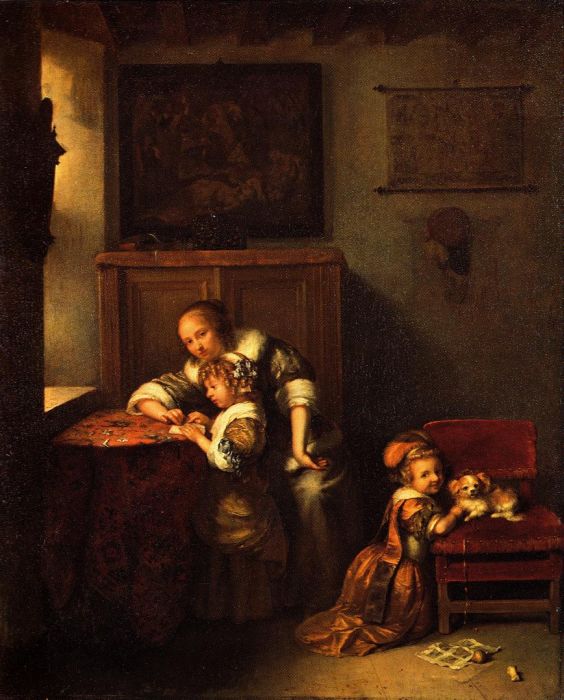 Caspar Netscher: Mutter lehrt ein Kind lesen, 1670