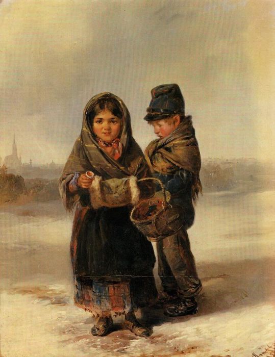 Johann Matthias Ranftl: Zwei Kinder, mit Schwefelhölzern hausierend, an der verschneiten Favoriten-Linie, 1852