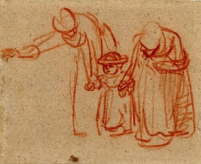 Rembrandt Harmensz von Rijn: Zwei Frauen bringen einem Kind das Laufen bei, um 1635/37