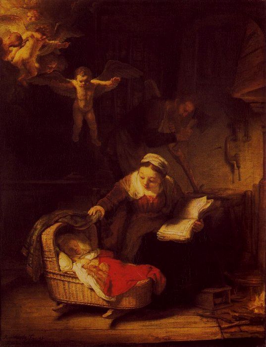 Rembrandt Harmensz von Rijn: Die heilige Familie mit Engeln, 1645