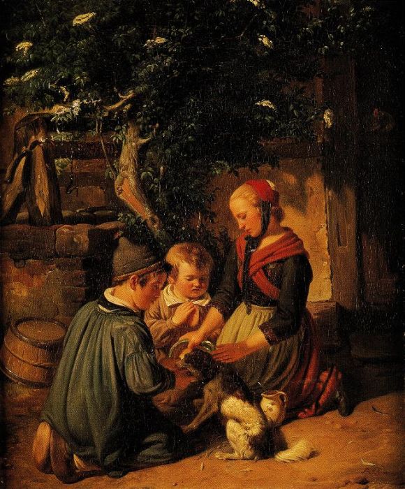 Peter Schwingen: Kinder pflegen ihren kranken Hund, um 1842