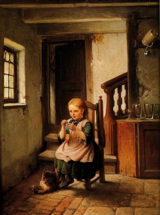 Peter Schwingen: M&auml;dchen und Katze, 1848
