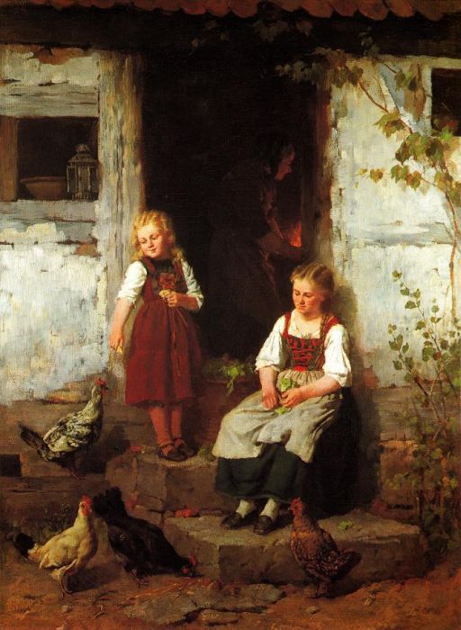 Johann Sperl: Zwei Mädchen mit Hühnern vor dem Haus, um 1882