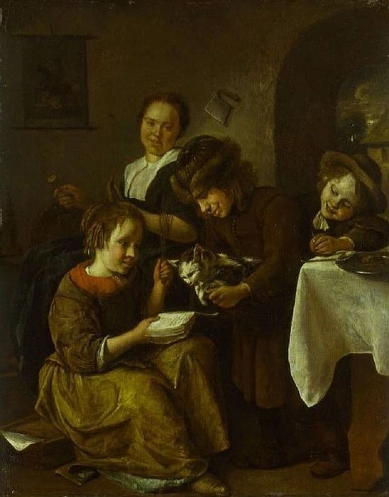 Jan Steen; Kinder bringen einer Katze das Lesen bei, um 1665-1668