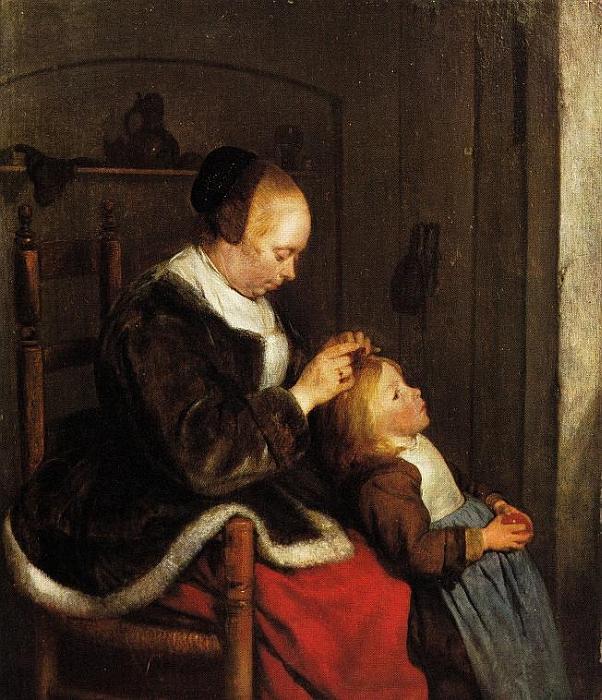 Gerard Terborch: Mutter, die ihr Kind kämmt, um 1652/53