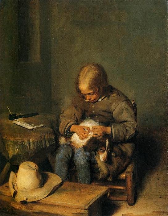 Gerard Terborch: Ein Knabe flöht seinen Hund, um 1655