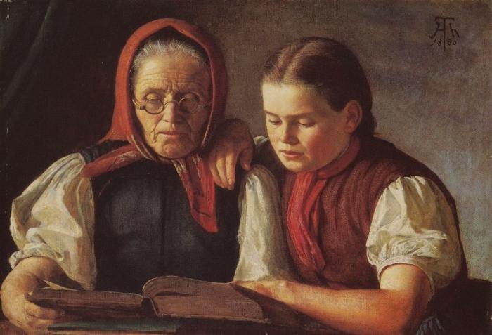 Hans Thoma: Mutter und Schwester des Künstlers, in der Bibel lesend, 1866