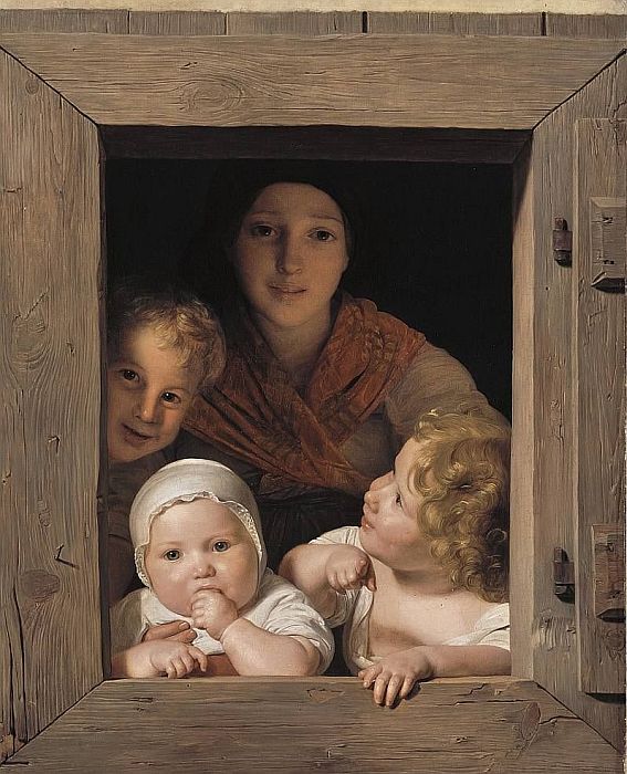 Ferdinand Georg Waldmüller; Bauernfrau mit drei Kindern am Fenster, 1840