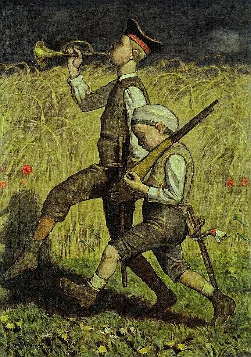 Ernst Würtenberger: Soldaten spielende Kinder, 1920